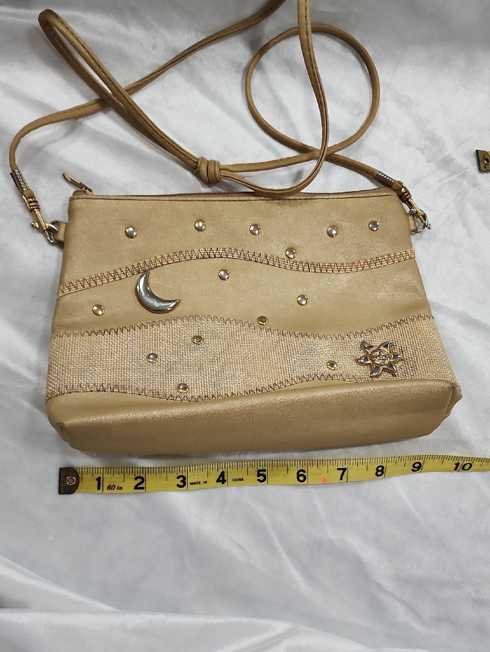 Tango Bag Gold Clutch Crossbody with Sun/Moon Accents